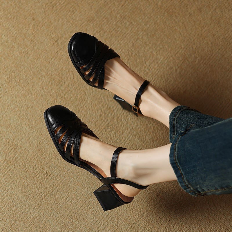 Source 2024 Summer Fashion Mid-Heel Solid Color 31-43 Size One-Character Buckle Women'S Baotou Sandals - Image 5