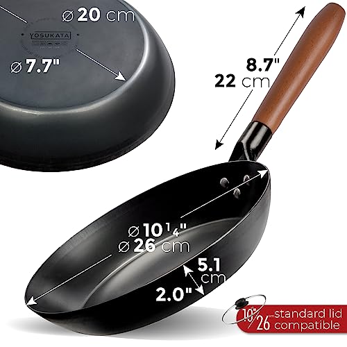 YOSUKATA 10 1/4" Carbon Steel Frying Pan – Non-Toxic Pre-Seasoned Skillet with Removable Wooden Handle – Coating-Free Wok-Style Pan for Gas, Induction, Electric, Oven & Grill BBQ - Image 2
