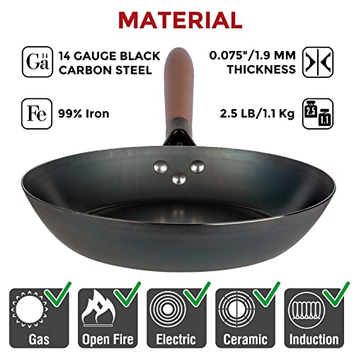 YOSUKATA 10 1/4" Carbon Steel Frying Pan – Non-Toxic Pre-Seasoned Skillet with Removable Wooden Handle – Coating-Free Wok-Style Pan for Gas, Induction, Electric, Oven & Grill BBQ - Image 4