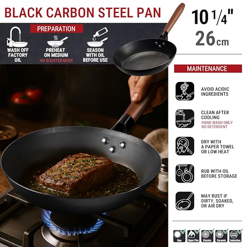 YOSUKATA 10 1/4" Carbon Steel Frying Pan – Non-Toxic Pre-Seasoned Skillet with Removable Wooden Handle – Coating-Free Wok-Style Pan for Gas, Induction, Electric, Oven & Grill BBQ - Image 3