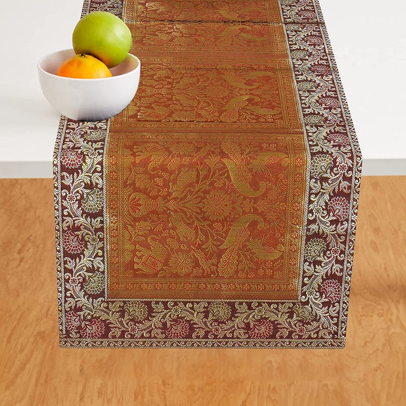 E - Ezra E EZRA Silk Table Runner Festival Decor Brocade Jacquard Table Runner for Centre Table Cloth 4 6 Seater Dinning Table 16 Inches X 60 Inches Brown - Image 3