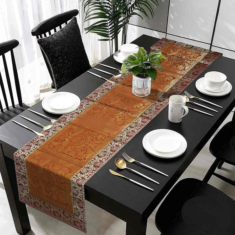E - Ezra E EZRA Silk Table Runner Festival Decor Brocade Jacquard Table Runner for Centre Table Cloth 4 6 Seater Dinning Table 16 Inches X 60 Inches Brown - Image 1