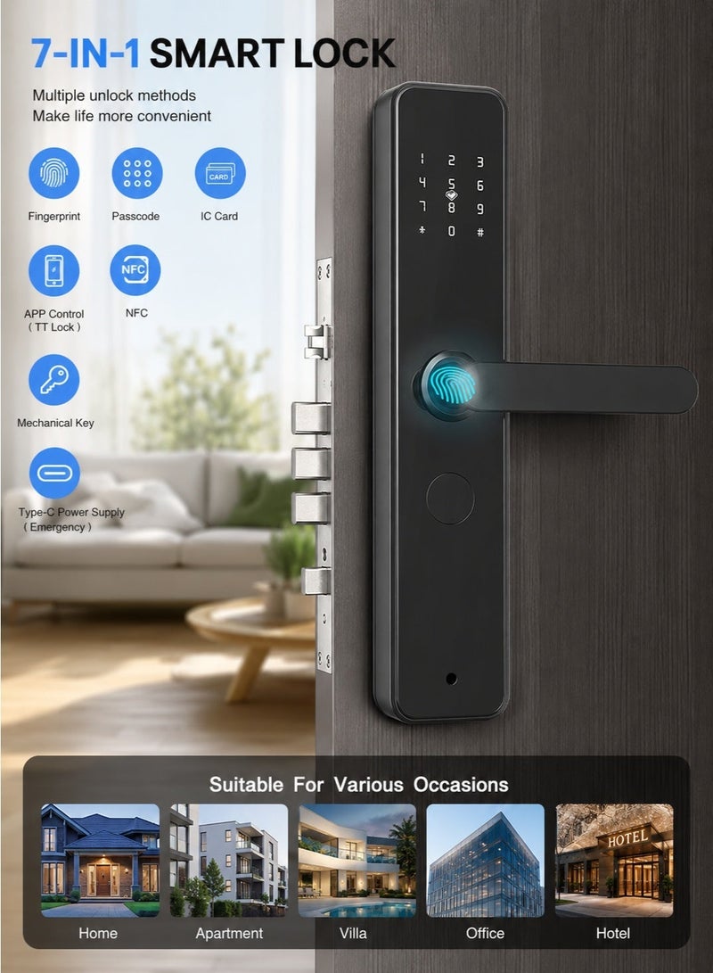 Sharpdo Smart Lock, 7-in-1 Smart Door Lock & Keyless Entry Electric Door Lock, Fingerprint Access, App Remote Control, With Lock Body,Weather-Resistant, Biometric Door Lock Keypad Deadbolt for Home, Apartment, Villa, Office, Hotel - Image 5
