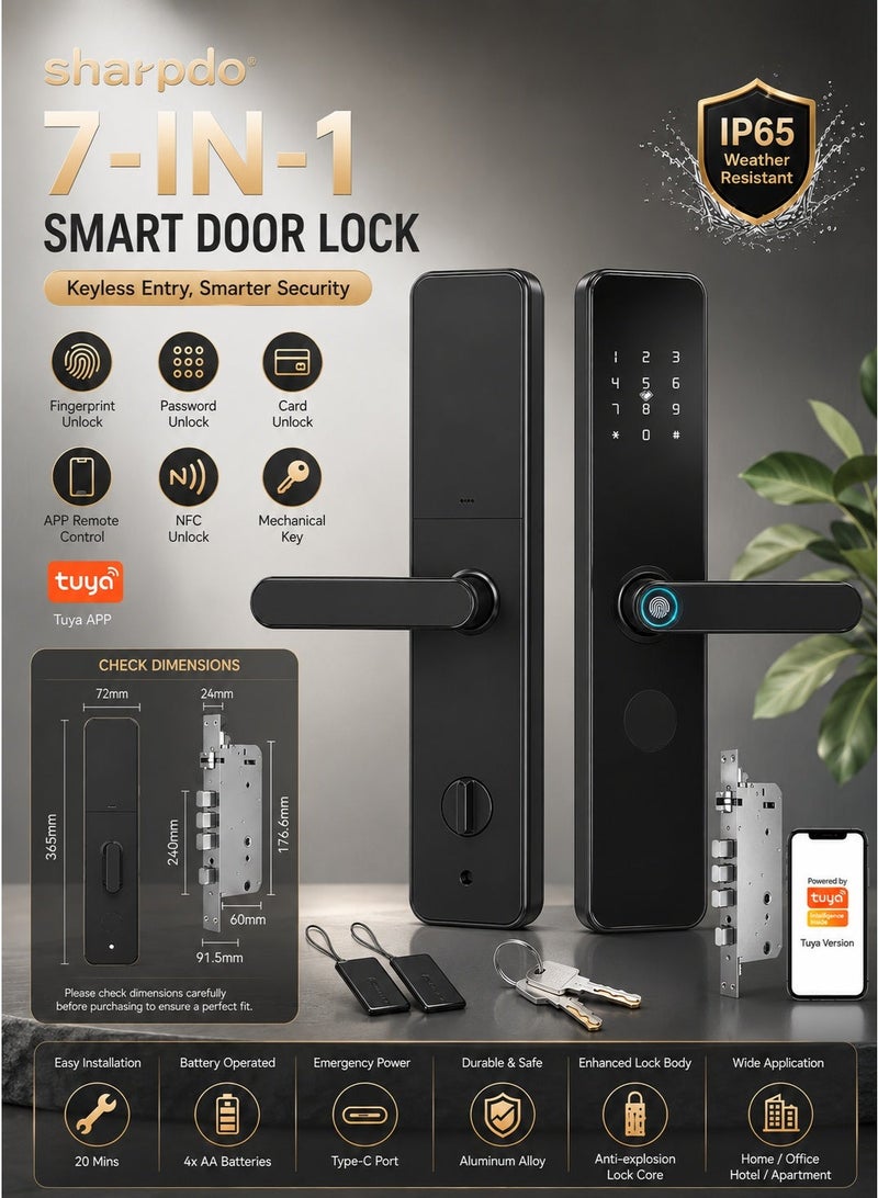 Sharpdo Smart Lock, 7-in-1 Smart Door Lock & Keyless Entry Electric Door Lock, Fingerprint Access, App Remote Control, With Lock Body,Weather-Resistant, Biometric Door Lock Keypad Deadbolt for Home, Apartment, Villa, Office, Hotel - Image 1