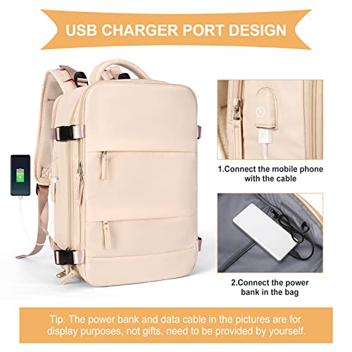 coowoz Large Casual Travel Backpack For Women Men,Carry On Rucksack Flight Approved,Hiking Waterproof Outdoor Sports Daypack Fit 15.6 Inch Laptop Shoes Compartment (Beige) - Image 5
