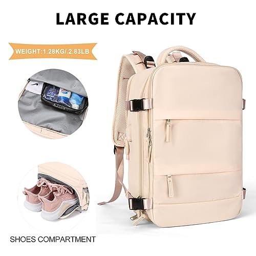 coowoz Large Casual Travel Backpack For Women Men,Carry On Rucksack Flight Approved,Hiking Waterproof Outdoor Sports Daypack Fit 15.6 Inch Laptop Shoes Compartment (Beige) - Image 4