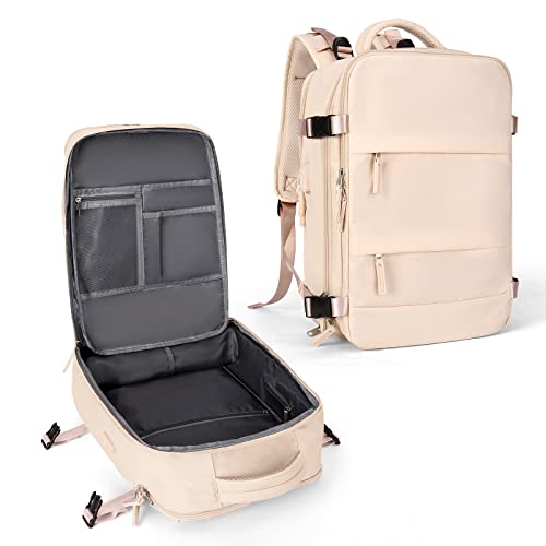 coowoz Large Casual Travel Backpack For Women Men,Carry On Rucksack Flight Approved,Hiking Waterproof Outdoor Sports Daypack Fit 15.6 Inch Laptop Shoes Compartment (Beige) - Image 1