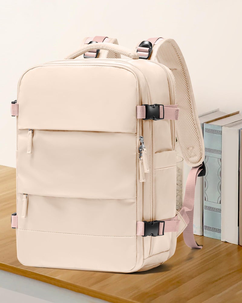 coowoz Large Casual Travel Backpack For Women Men,Carry On Rucksack Flight Approved,Hiking Waterproof Outdoor Sports Daypack Fit 15.6 Inch Laptop Shoes Compartment (Beige) - Image 2