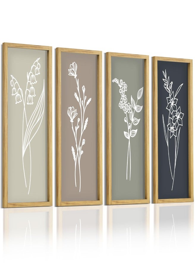 LITIVY Boho Wall Art 16”x7” Wooden Framed Floral Set of 4 Rustic Minimalist Botanical Farmhouse Bathroom Living Room Wall Decor (Naturals) - Image 1