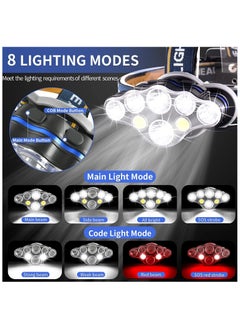 Generic Rechargeable Headlamp 8 LED Lumen Super Bright Waterproof Headlight with Red Lights 8 Modes USB for Emergency Light ​Outdoors Fishing Hiking Camping  - Image 2