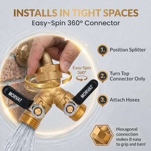 Morvat Brass 2Way Y Splitter LEADFREE HeavyDuty Garden Hose Connector with Extra Long Butterfly Comfort Grip ONOFF Valves Adapter for Water Faucet Spigot Extra 5 Washers Teflon Tape 1Pack - Image 3
