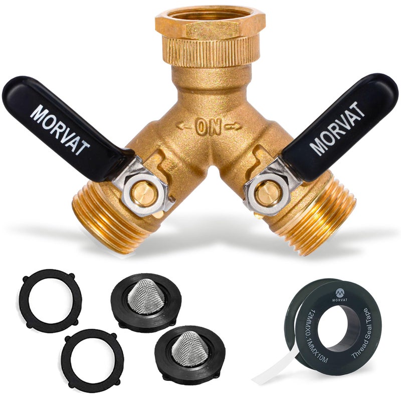 Morvat Brass 2Way Y Splitter LEADFREE HeavyDuty Garden Hose Connector with Extra Long Butterfly Comfort Grip ONOFF Valves Adapter for Water Faucet Spigot Extra 5 Washers Teflon Tape 1Pack - Image 2