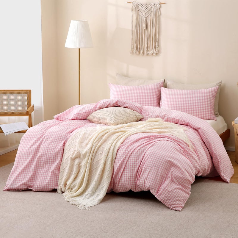 TOCOMOA Pink Gingham Duvet Cover Bedding Set 100% Washed Cotton Like Linen Feel Super Soft Comfortable 3 Piece Cute Plaid Checkered Comforter Cover Set (Queen 90"x90", Comforter Not Included) - Image 2