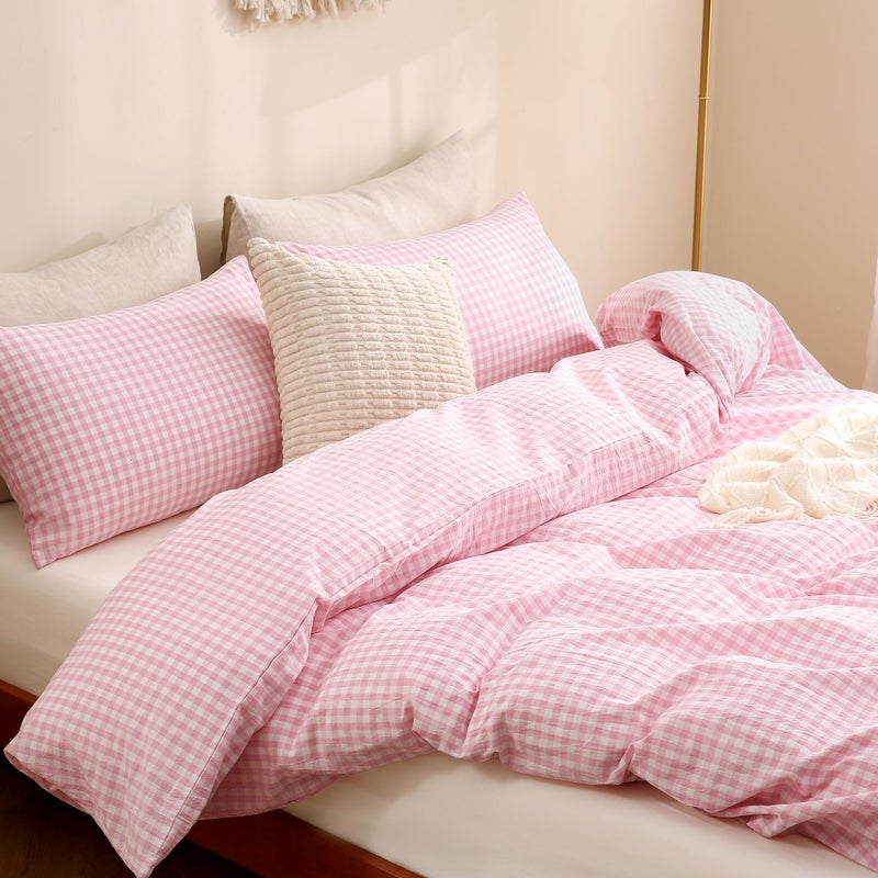TOCOMOA Pink Gingham Duvet Cover Bedding Set 100% Washed Cotton Like Linen Feel Super Soft Comfortable 3 Piece Cute Plaid Checkered Comforter Cover Set (Queen 90"x90", Comforter Not Included) - Image 4