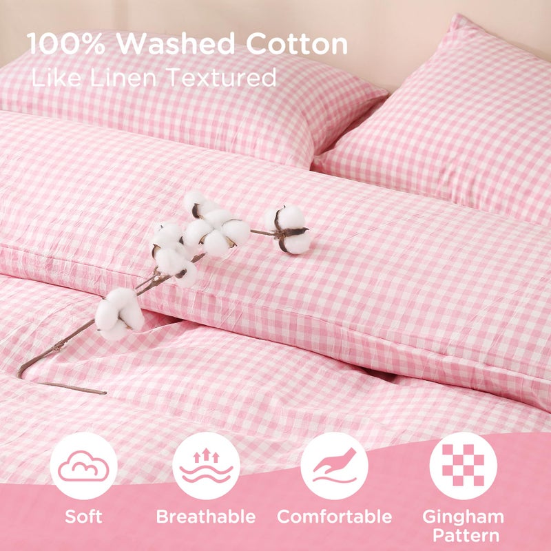 TOCOMOA Pink Gingham Duvet Cover Bedding Set 100% Washed Cotton Like Linen Feel Super Soft Comfortable 3 Piece Cute Plaid Checkered Comforter Cover Set (Queen 90"x90", Comforter Not Included) - Image 5