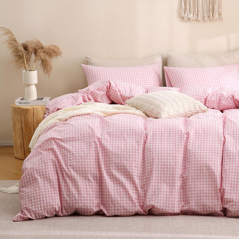 TOCOMOA Pink Gingham Duvet Cover Bedding Set 100% Washed Cotton Like Linen Feel Super Soft Comfortable 3 Piece Cute Plaid Checkered Comforter Cover Set (Queen 90"x90", Comforter Not Included) - Image 1