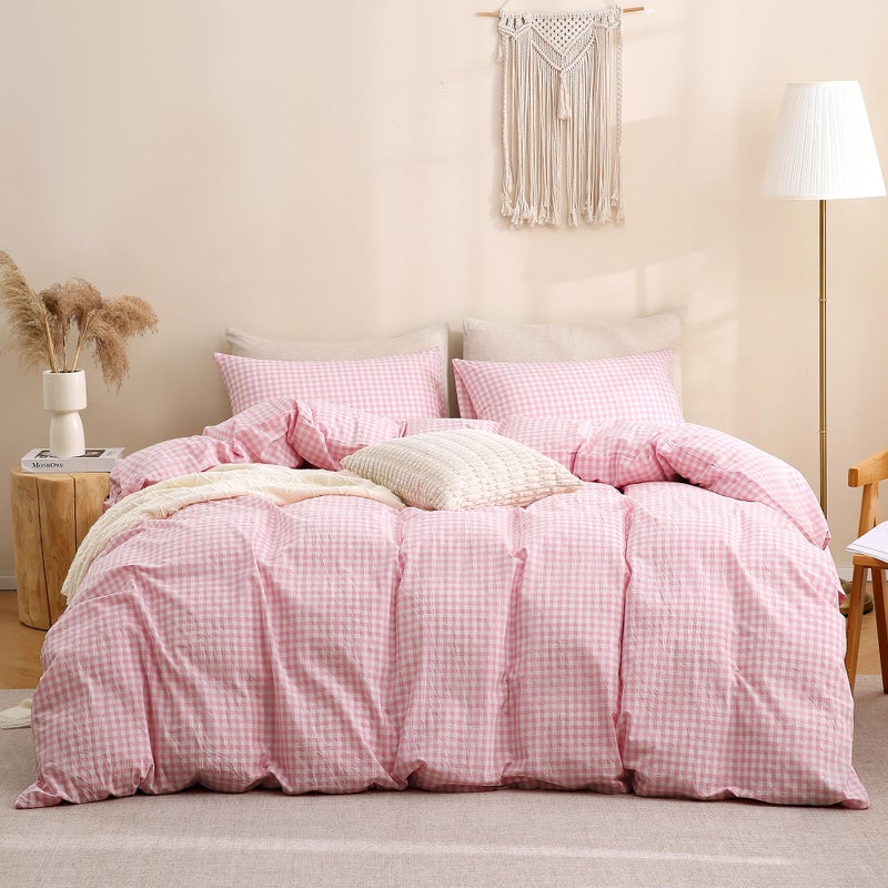 TOCOMOA Pink Gingham Duvet Cover Bedding Set 100% Washed Cotton Like Linen Feel Super Soft Comfortable 3 Piece Cute Plaid Checkered Comforter Cover Set (Queen 90"x90", Comforter Not Included) - Image 3