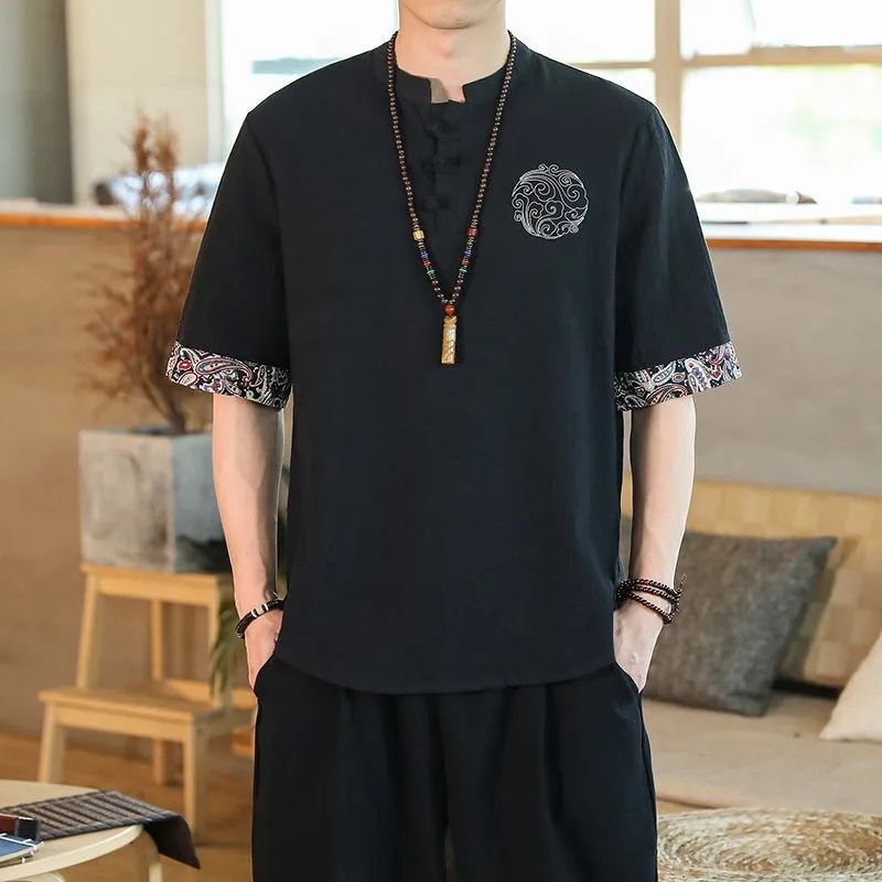 2022 Ethnic Style Cotton And Linen T-Shirt Men'S Loose Plus Size Style Chinese Style Crane Embroidery Cotton And Linen Fashionable Loose Ancient Style - Image 1