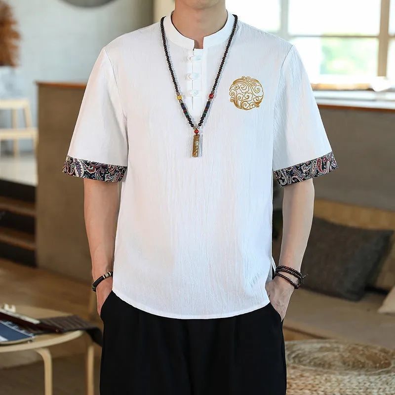 2022 Ethnic Style Cotton And Linen T-Shirt Men'S Loose Plus Size Style Chinese Style Crane Embroidery Cotton And Linen Fashionable Loose Ancient Style - Image 4