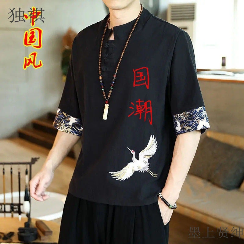 2022 Ethnic Style Cotton And Linen T-Shirt Men'S Loose Plus Size Style Chinese Style Crane Embroidery Cotton And Linen Fashionable Loose Ancient Style - Image 2