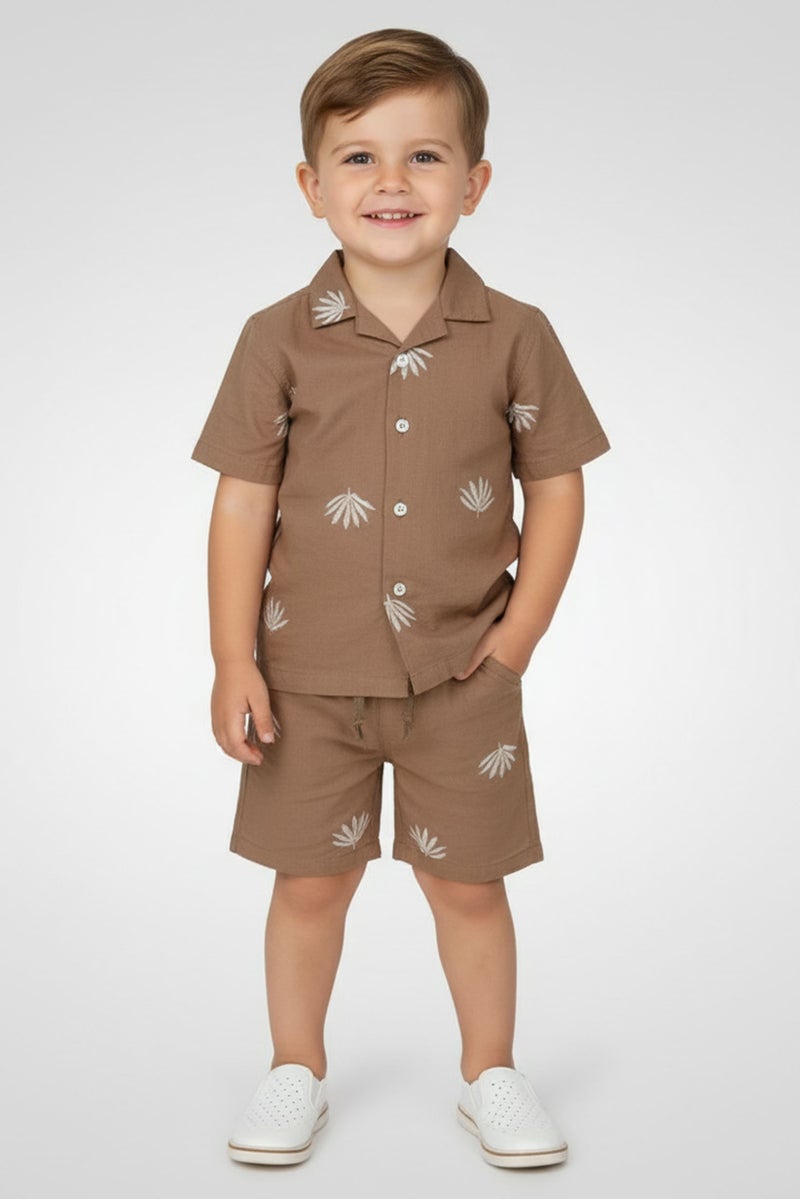 Ocean Pacific Kids Boy 2 Pcs Embroidered Shirt And Bottom Set, Brown - Image 1