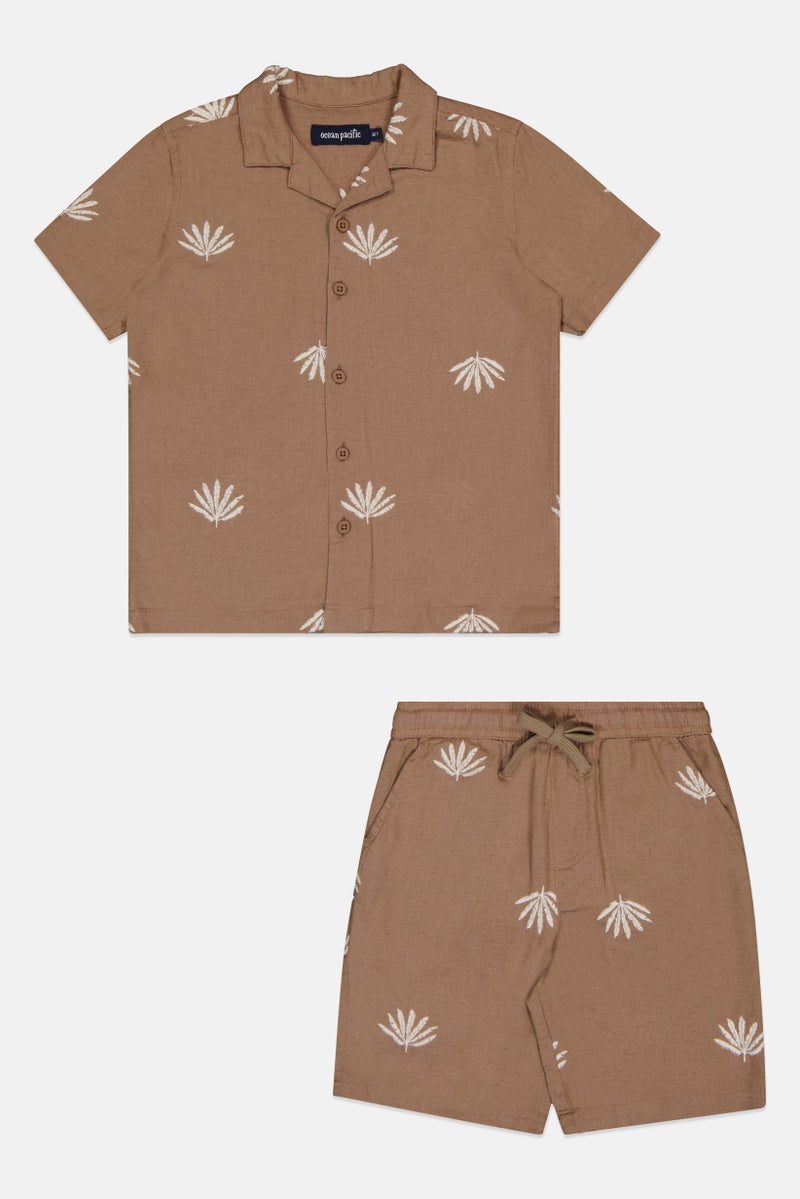 Ocean Pacific Kids Boy 2 Pcs Embroidered Shirt And Bottom Set, Brown - Image 2