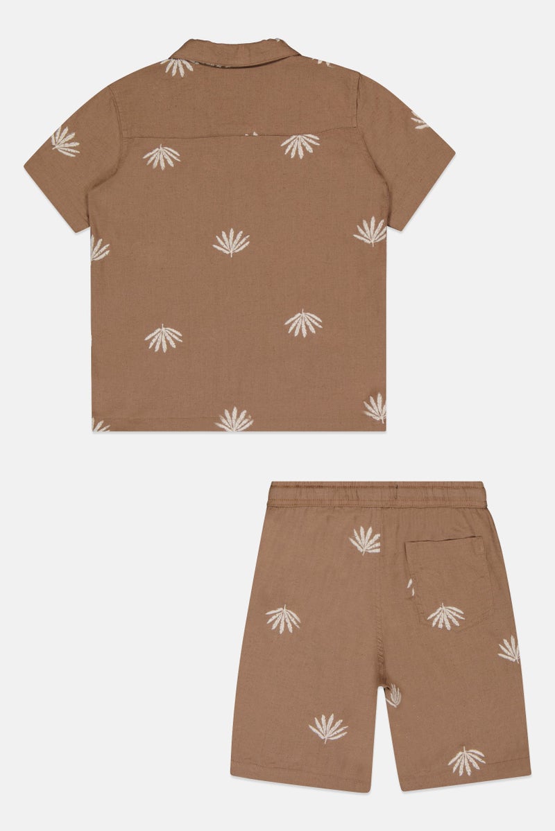 Ocean Pacific Kids Boy 2 Pcs Embroidered Shirt And Bottom Set, Brown - Image 3