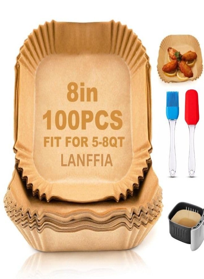 LANFFIA 100 PCS Air Fryer Paper Sheets, Disposable Paper Liner for Microwave, Oil-Proof Air Fryer Parchment Paper for Frying, Baking, Cooking, Roasting and Microwave,2- Oil Brush (Square 8 INCH) - Image 1
