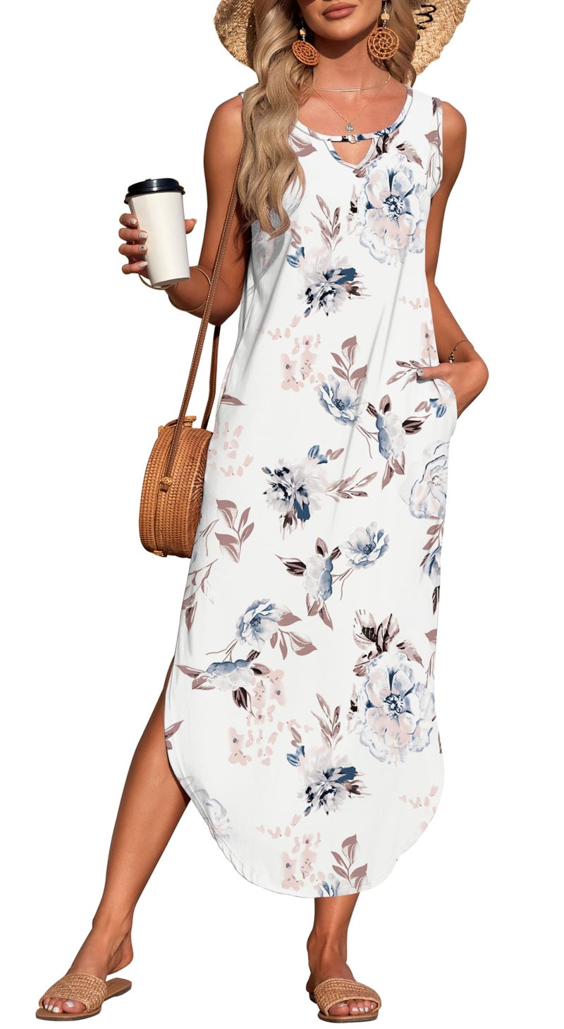 MISFAY Women's Summer Maxi Dress Sleeveless Loose Long Beach Split Dresses with Pockets(Floral White,L) - Image 1