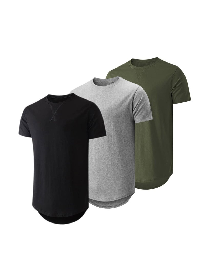 JMIERR Men's 3 Pack Cotton Hipster Hip Hop Longline Crewneck T-Shirt, Short Sleeve Gym Workout Athletic T Shirts for Men Pack,M, Black/Light Grey/Army Green - Image 1