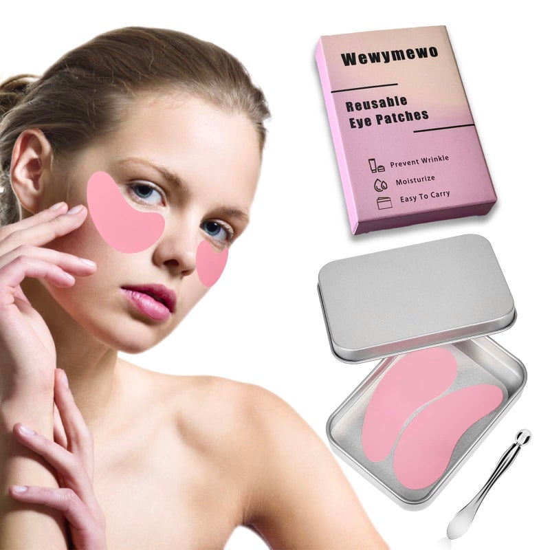 Wewymewo Reusable Under Eye Patches, Pink Silicone Eye Mask for Dark Circles, Wrinkles, Fine Lines, Undereye Bags, with Metal Eye Cream Applicator to Reduce Eye Puffiness, Make Smooth Under Eyes, Tin Case - Image 1