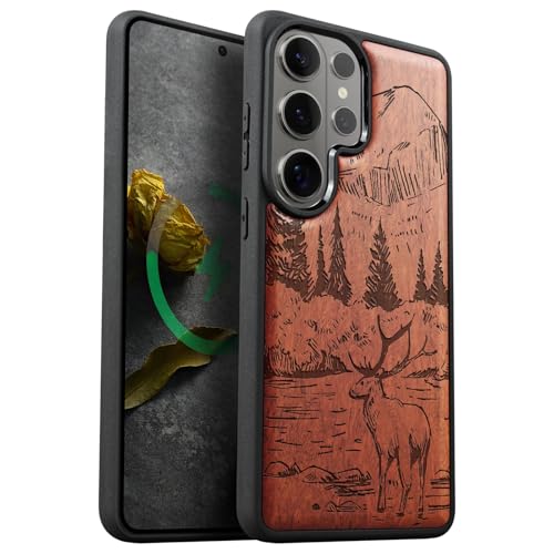 Carveit Magnetic Wooden Case for Samsung Galaxy S26 Ultra Case 2026, TPU Shockproof Cover & Wood Artisan Engraved, Compatible with MagSafe Wireless Chargers (Mountains and Deer) Rosy - Image 1