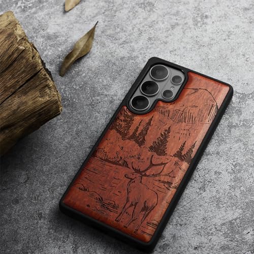 Carveit Magnetic Wooden Case for Samsung Galaxy S26 Ultra Case 2026, TPU Shockproof Cover & Wood Artisan Engraved, Compatible with MagSafe Wireless Chargers (Mountains and Deer) Rosy - Image 3