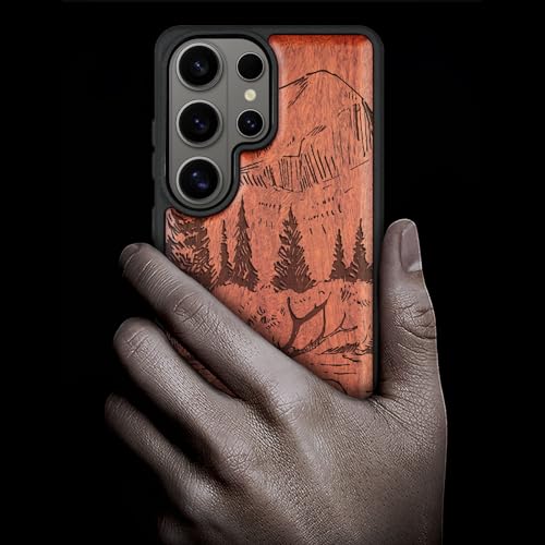 Carveit Magnetic Wooden Case for Samsung Galaxy S26 Ultra Case 2026, TPU Shockproof Cover & Wood Artisan Engraved, Compatible with MagSafe Wireless Chargers (Mountains and Deer) Rosy - Image 2