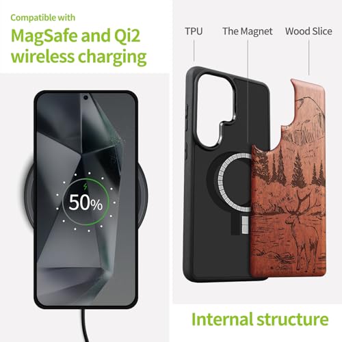 Carveit Magnetic Wooden Case for Samsung Galaxy S26 Ultra Case 2026, TPU Shockproof Cover & Wood Artisan Engraved, Compatible with MagSafe Wireless Chargers (Mountains and Deer) Rosy - Image 4