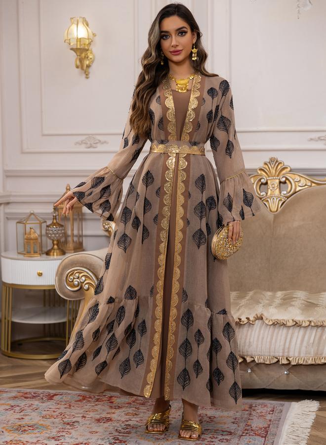 Take Two Khaki Printed Sequin Trim Abaya and Dress Set - Image 5