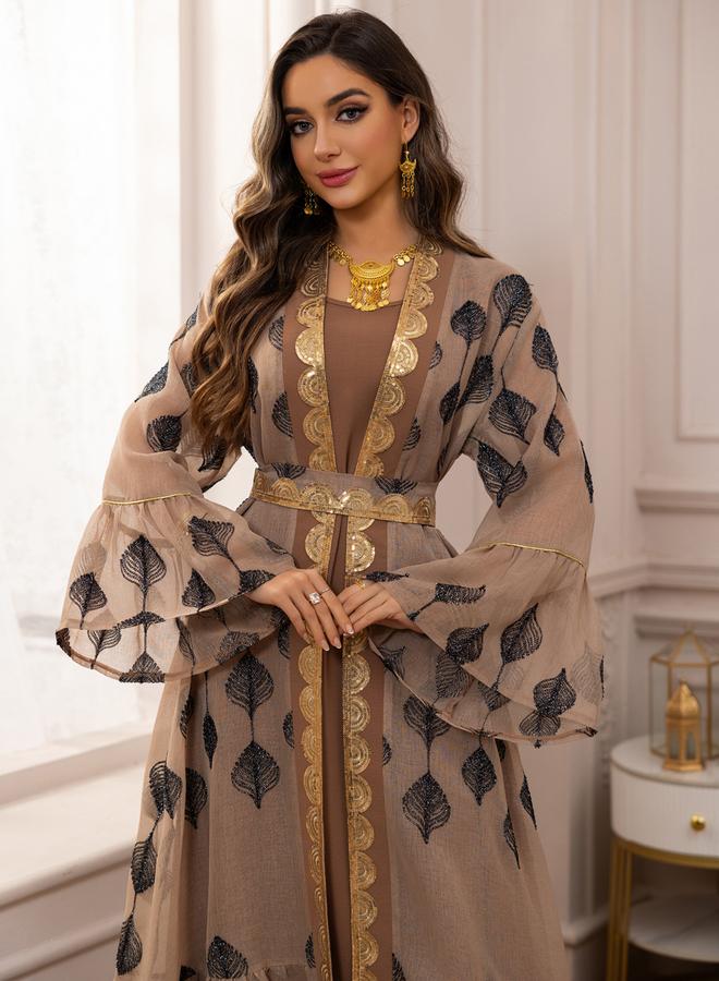 Take Two Khaki Printed Sequin Trim Abaya and Dress Set - Image 3
