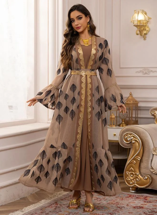 Take Two Khaki Printed Sequin Trim Abaya and Dress Set