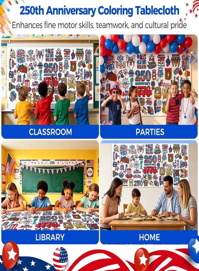 Hidnvefen Giant USA 250th Anniversary Coloring Tablecloth for Kids 30x72 Inch - America 1776-2026 Independence Day Paper Poster | Patriotic Crafts Activities Toys, Classroom School Party Decor - Image 4