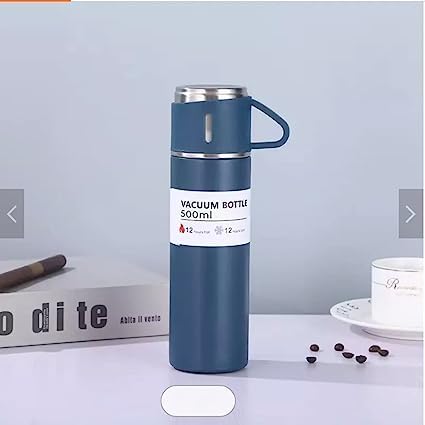 Superstore BeOne Superstore BeOne Stainless Steel Thermo 500ml Vacuum Insulated Bottle Water Flask Gift Set with Two Cups Hot Cold Blue - Image 2