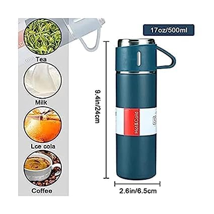 Superstore BeOne Superstore BeOne Stainless Steel Thermo 500ml Vacuum Insulated Bottle Water Flask Gift Set with Two Cups Hot Cold Blue - Image 5