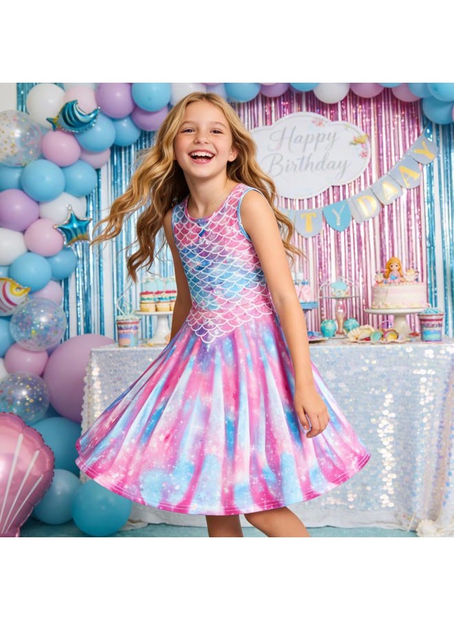 Funnycokid Girls Mermaid Dresses Summer Sundress Kids Sleeveless Birthday Dress Clothes Size 6 Size 7 Twirl Spring Outfit 6-7 Years Pink - Image 2