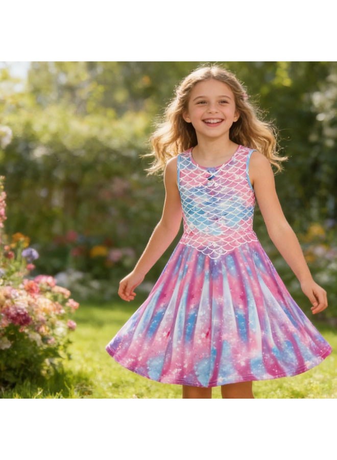 Funnycokid Girls Mermaid Dresses Summer Sundress Kids Sleeveless Birthday Dress Clothes Size 6 Size 7 Twirl Spring Outfit 6-7 Years Pink - Image 3