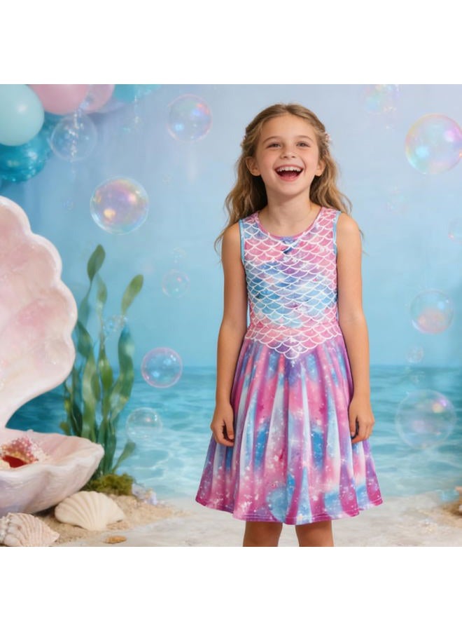 Funnycokid Girls Mermaid Dresses Summer Sundress Kids Sleeveless Birthday Dress Clothes Size 6 Size 7 Twirl Spring Outfit 6-7 Years Pink - Image 4