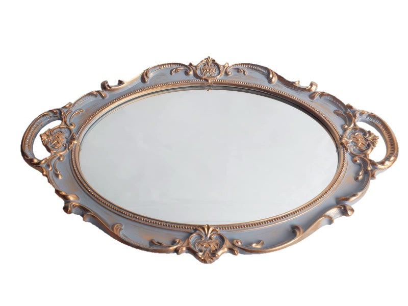 Schonee Oval Vintage Decorative Mirror Tray, Jewelry Dresser Organizer Tray, Cosmetics Makeup Storage Organizer, Serving Tray (9.8â€x 14.6â€) Gray - Image 1