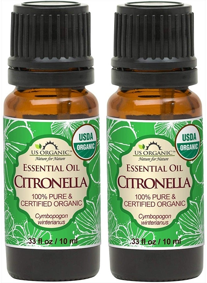 US Organic Citronella Essential Oil, USDA Certified, 100% Pure, 10 ml Pack of 2, Improved caps and droppers – Used for Skin Care, Many DIY Projects Like Candle Making and Much More - Image 1