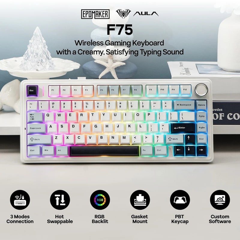 Aula F75 Mechanical Keyboard, 75% Ansi, Hot-Swap, Gasket, PBT Keycaps, Bluetooth 5.0, 2.4G Wireless, Wired, for Mac, Windows - Image 3