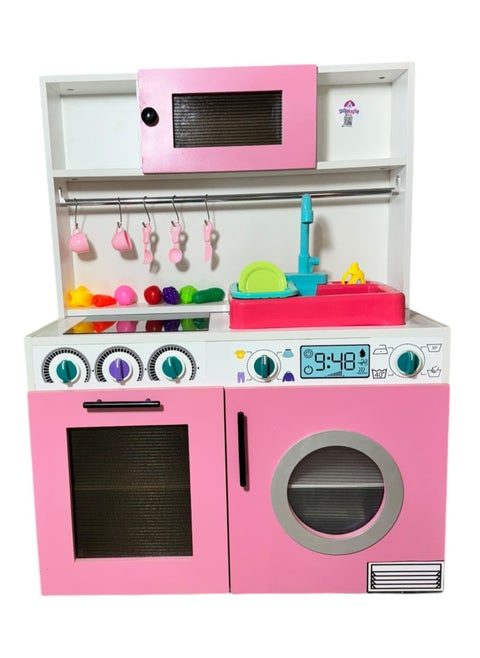 Wooden Kitchen Toy Playset with Real water sink for Kids ,White\Pink