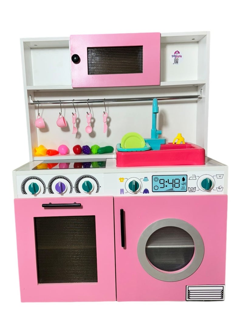 null - Wooden Kitchen Toy Playset with Real water sink for Kids ,White\Pink - Image 1