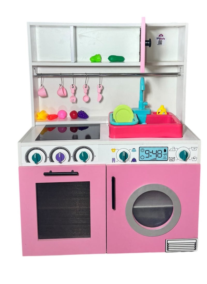 null - Wooden Kitchen Toy Playset with Real water sink for Kids ,White\Pink - Image 1